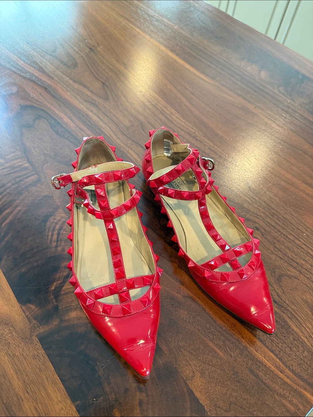 Valentino Garavani Red Patent Rockstud Pointed-Toe Mary Jane Flats